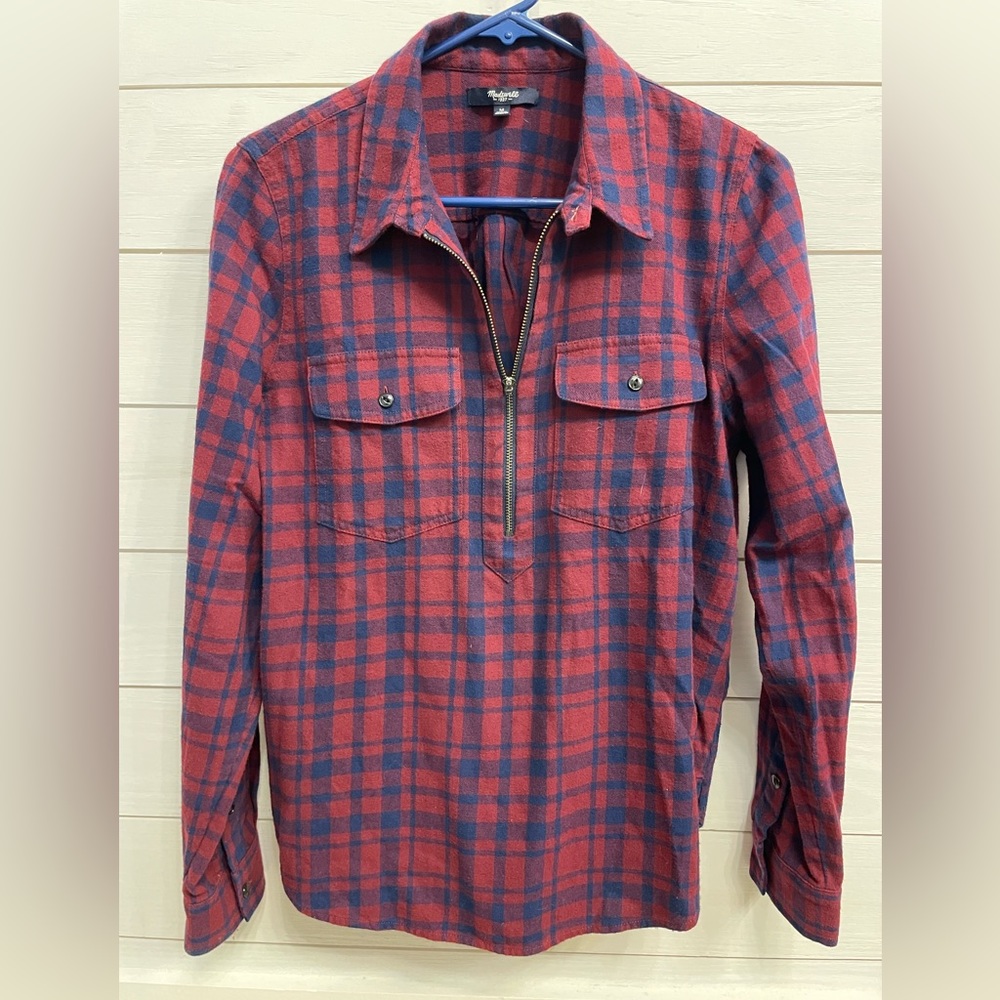 Madewell Half Zip Flannel Burgundy and Navy Size Medium